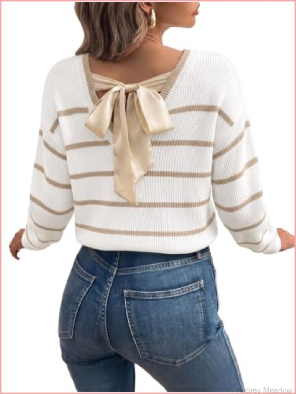 Striped V-Neck Bow Knot Back Sweater Long Sleeve Knit Pullover Top